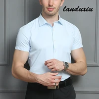 mens casual dress short sleeved shirt summer white blue pink black male regular fit shirt men social shirts landuxiu