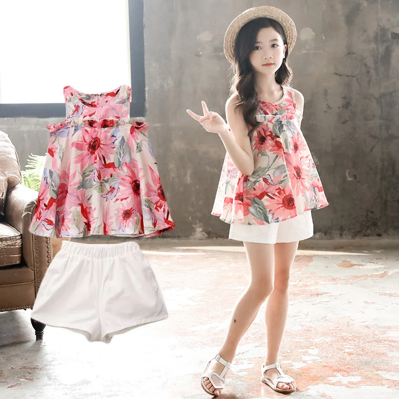 

Girls' Casual Suit Summer Clothes Children's 2022 Fashion New Floral Vest + Shorts Two Piece Suit Kids Clothes 3 5 8 10 11 Years