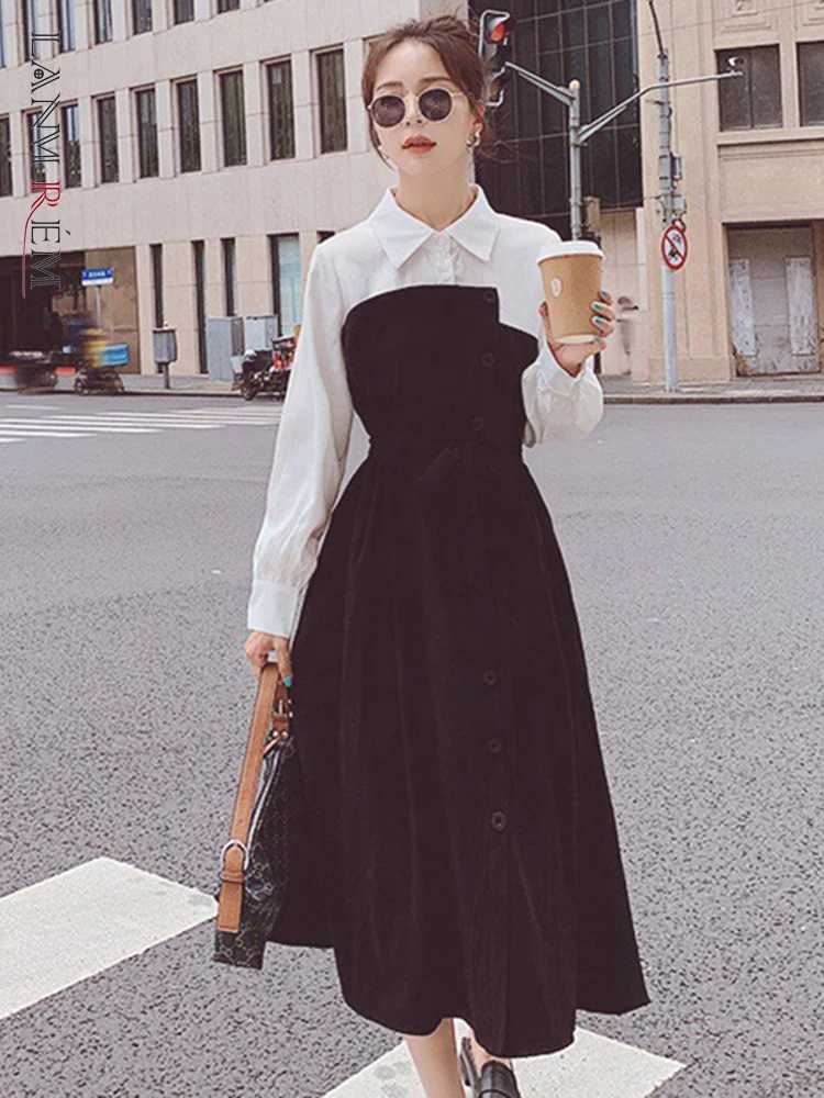 

LANMREM 2022 Autumn New Patchwork Dress Female Long Sleeve Stitching Color Block Dresses Women's Fashion Clothing 2W1643