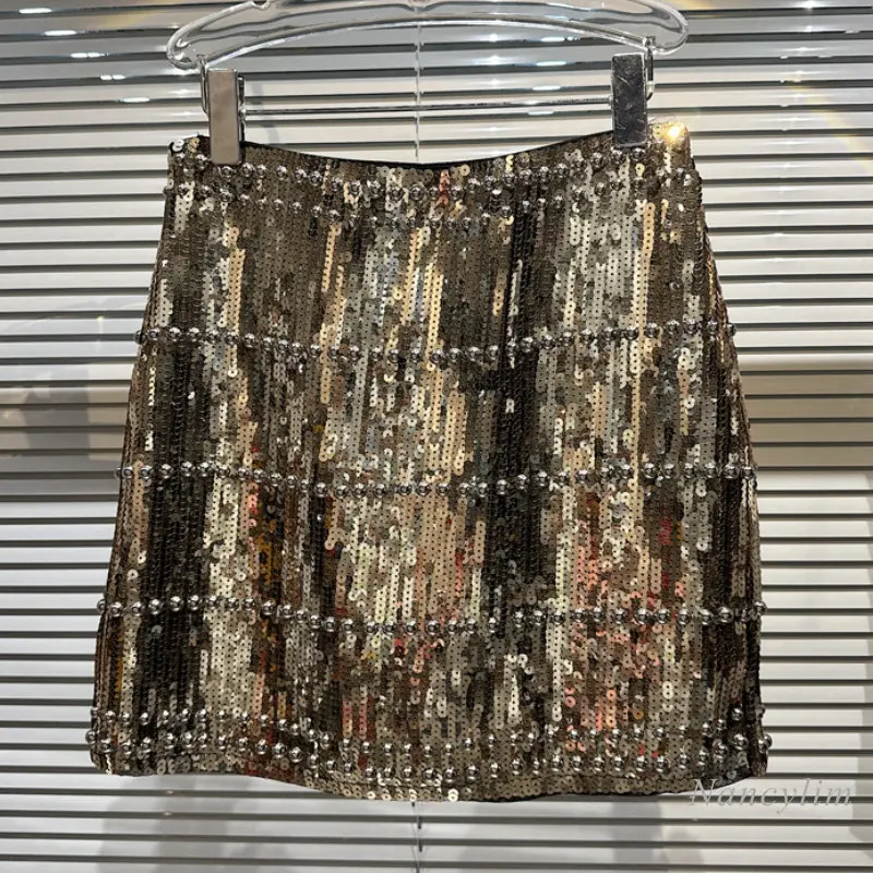 

2023 Y2K Skirt for Women New Style Fried Street Hot Girl Metal Rivet Full Sequined Skirts Young Lady Nightclub Hip Skirts