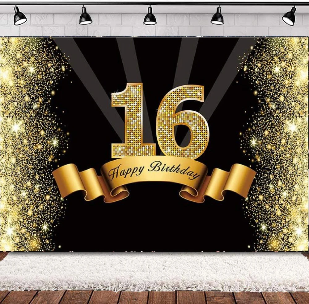 

Photography Backdrop Glitter Black And Gold 16 Years Old 16th Birthday Party Teens Boys Fifteen Decor Background Banner Props