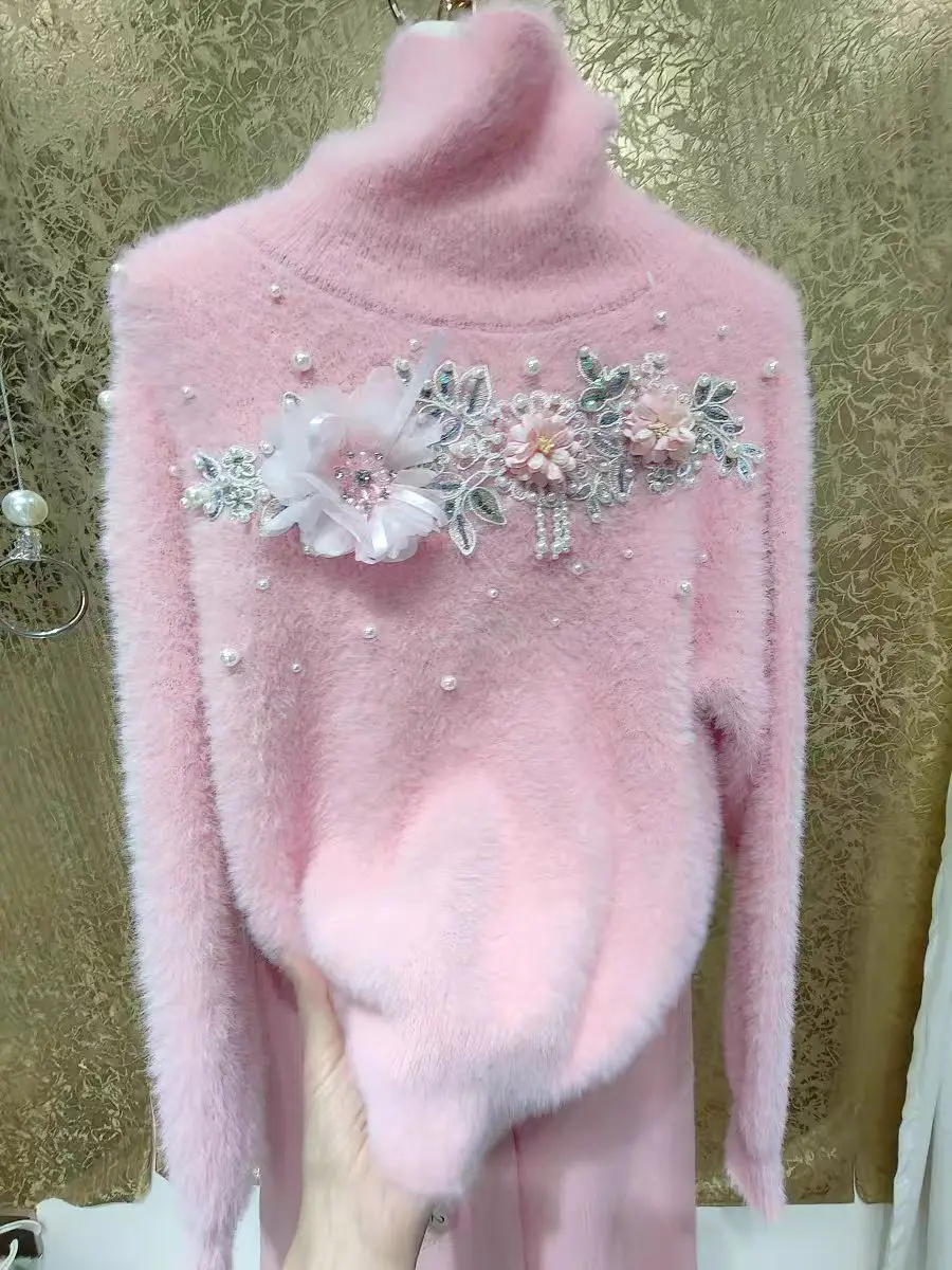 Новый свитер с жемчугом и бисером кисточками цветами толстым искусственным