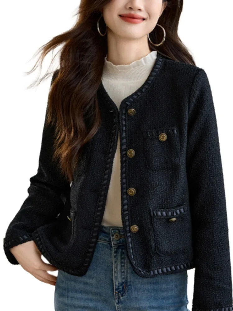 Черная повседневная изящная верхняя одежда с круглым вырезом женская