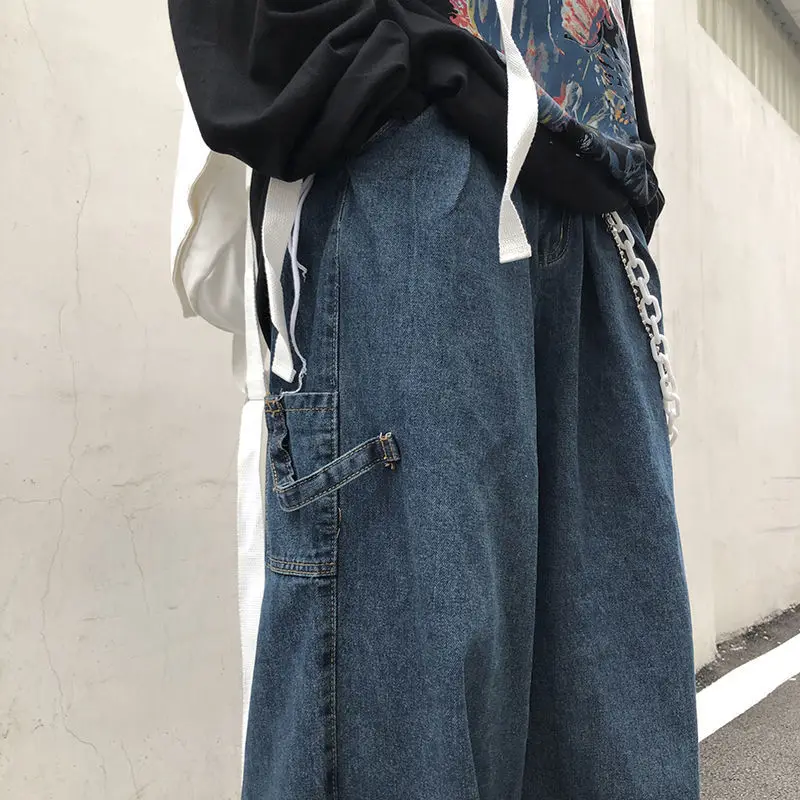 New Fashion Individuality Japanese-style Jean Men Loose Stripe Denim Pant Bule/Black Man and Women Hip Hop Streetwear Trouser