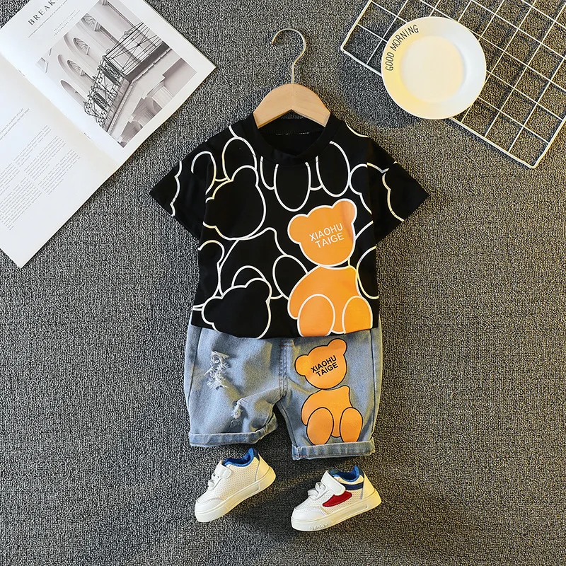 

Children's Summer Clothing Boys' Cotton Short Sleeved T-Shirt and Denim Shorts Casual Set 2Pcs of 1-6Y Kids Fashionable Clothes