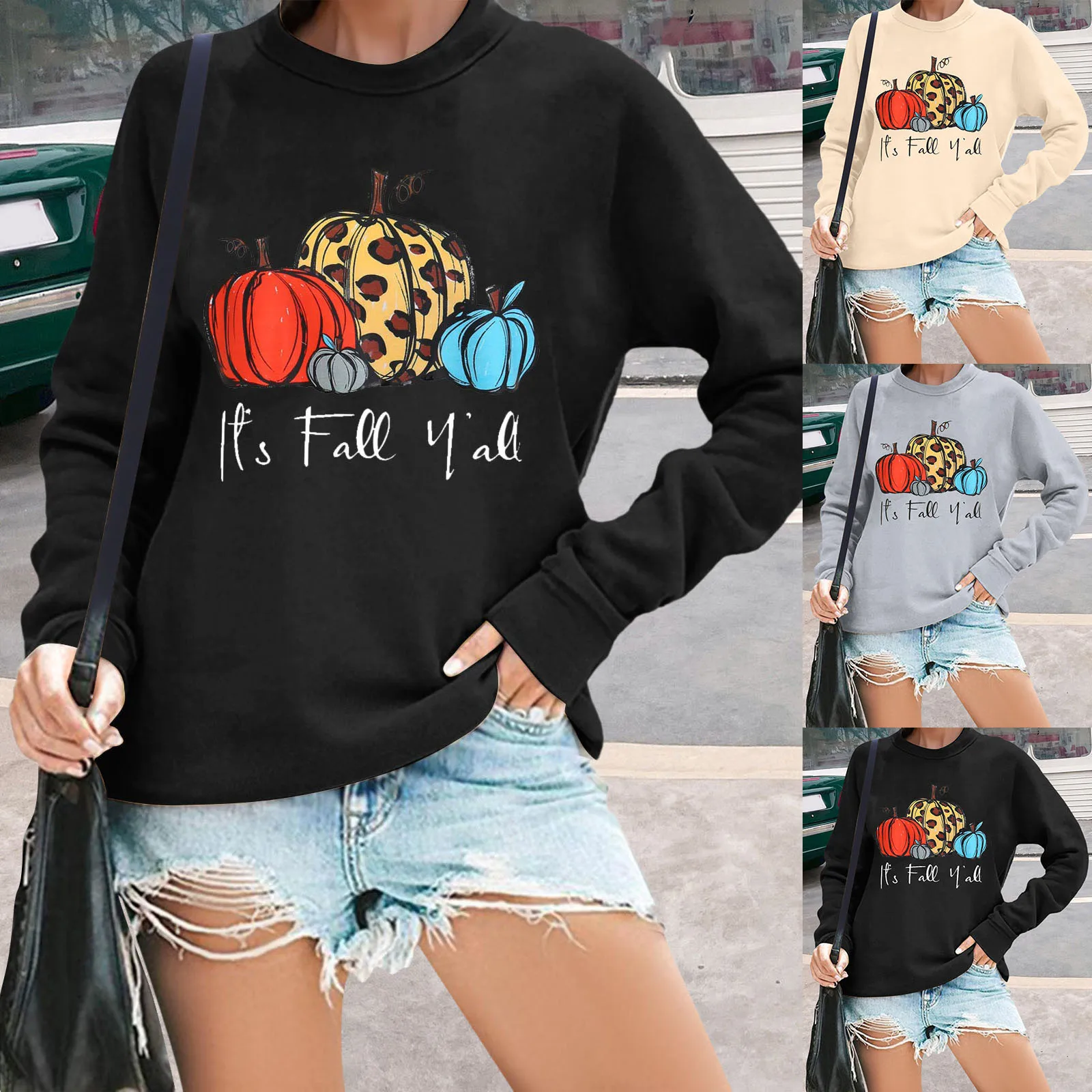 

Women's Casual Pumpkin Print Round Neck Long Sleeve Hoodless Sweatshirt For Autumn And Winter Athletic Jacket with Hoodie