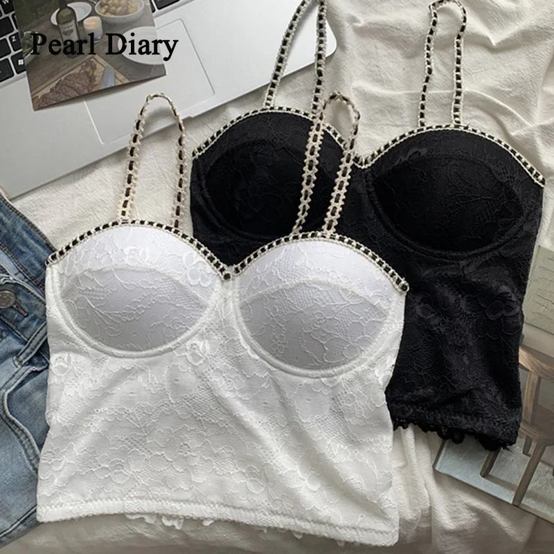 

Pearl Diary Summer Lace Sexy Camis For Woman Fashion All-Match Short Crop Tops Built In Bra Camisole Slim Thin New Style Tops