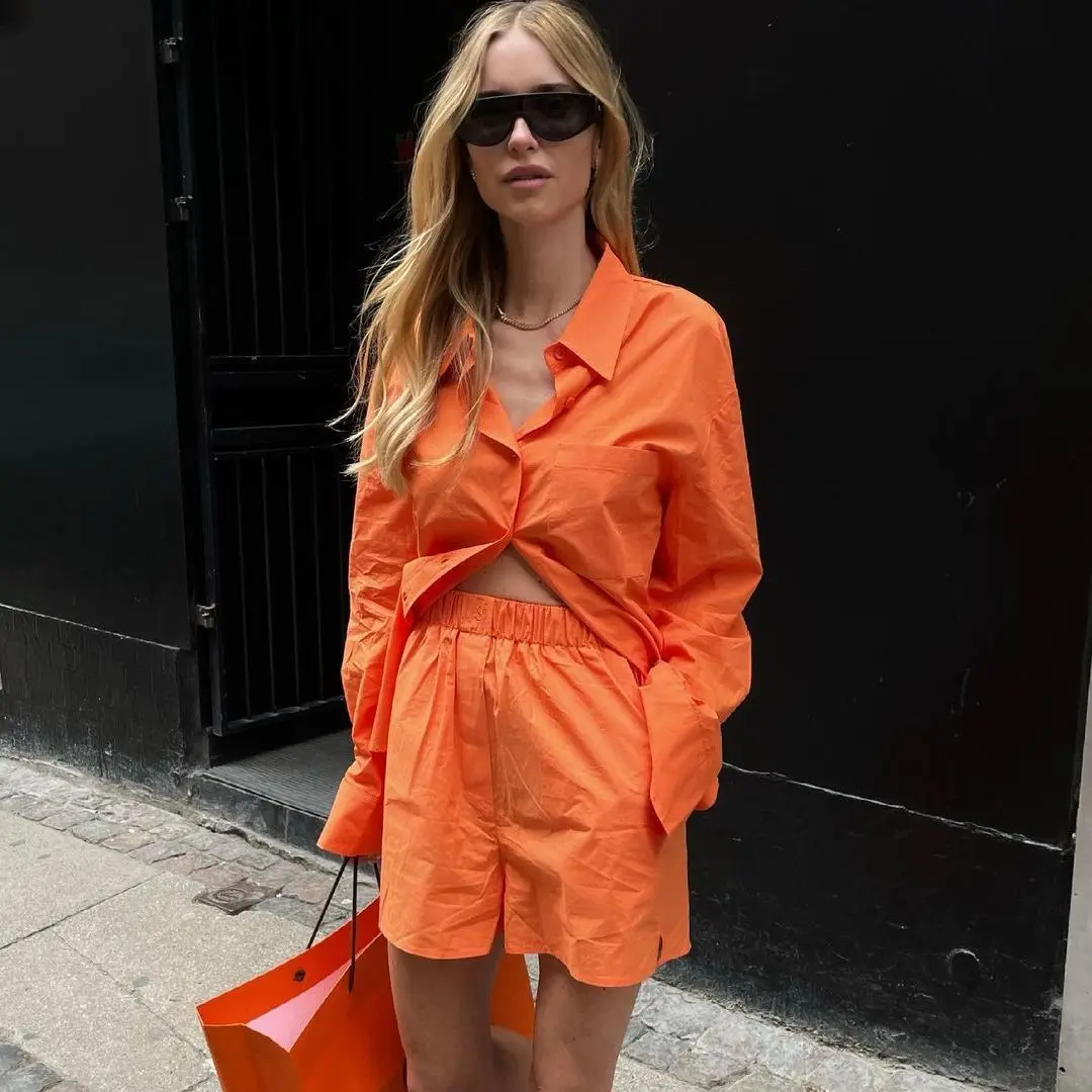 

Ladies summer orange cotton baggy shorts pocket elastic waist side slit design casual long sleeves, shorts. suit