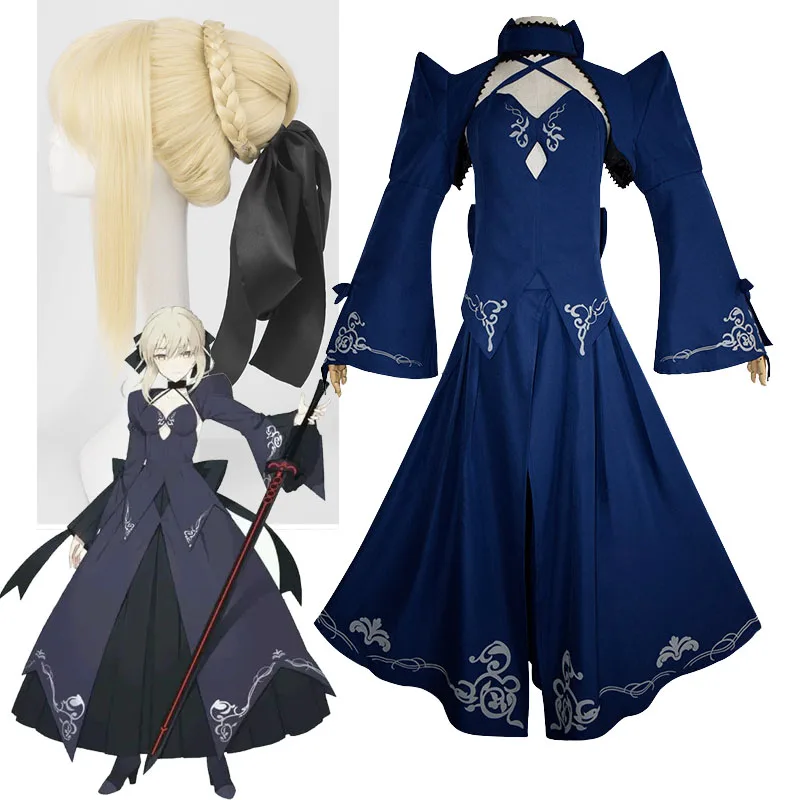 Fate/Stay Night Altria Pendragon Косплей Костюм BlackSaber формальное платье Saber изменить парик