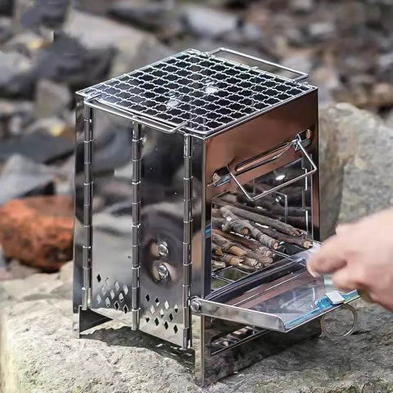 

Mini Outdoor Firewood Stove Portable Camping Picnic BBQ Travel Folding Stainless Steel Wood Stove Charcoal Cooking Grill Stove