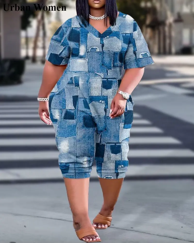 

Summer Fashion Loose Printed Jumpsuit African Women Casual V-neck Short Sleeved Short Jumpsuit Women