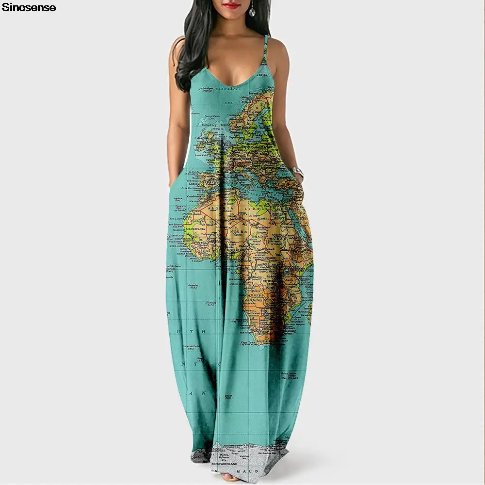 

Women's Spaghetti Strap Summer Boho Maxi Dress World Map Print Vintage A Line Loose Beach Party Dress Casual Pockets Long Dress