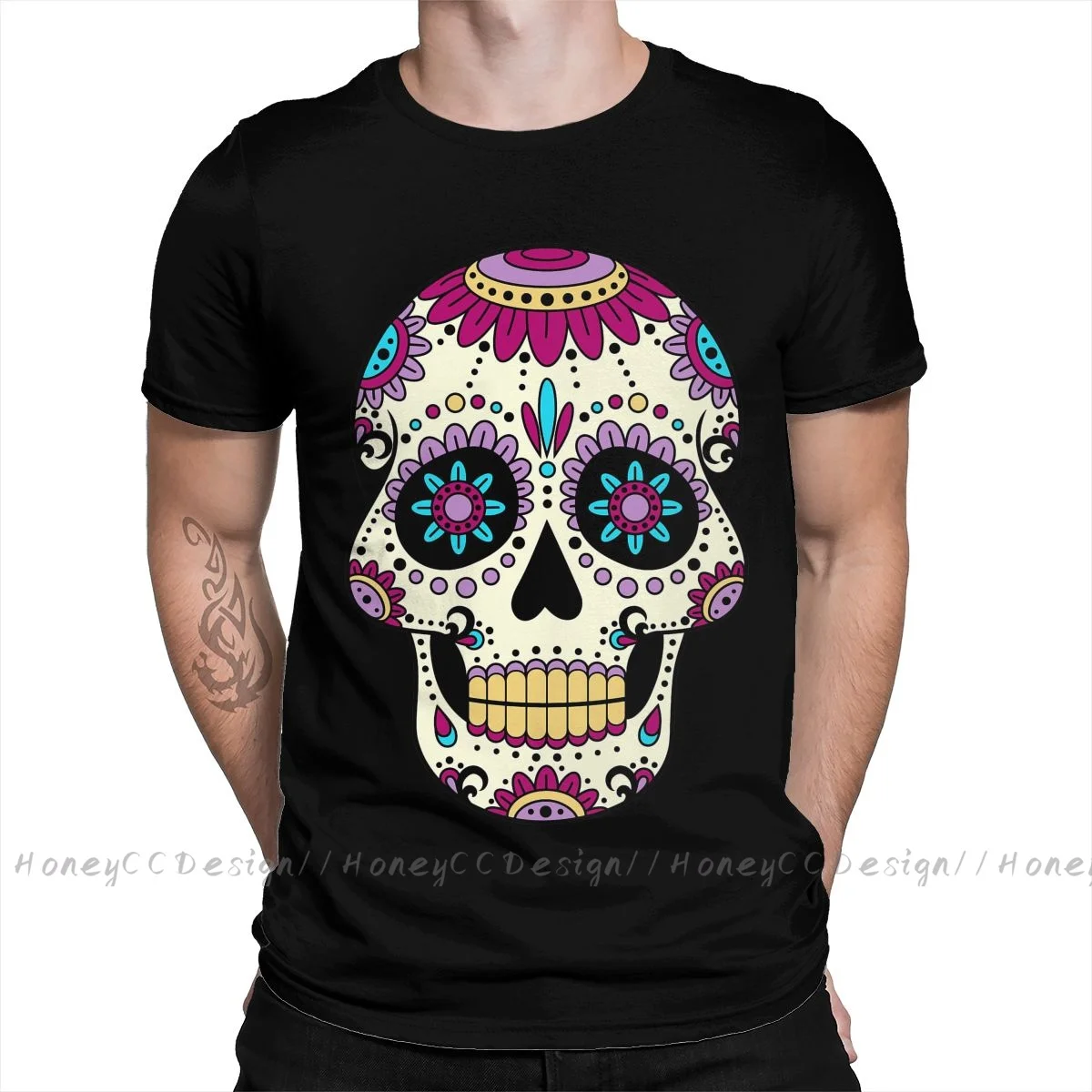 

Mexico Skull Sugar T-Shirt Men Top Quality 100% Cotton Short Summer Sleeve Skull Purple Casual Shirt Loose