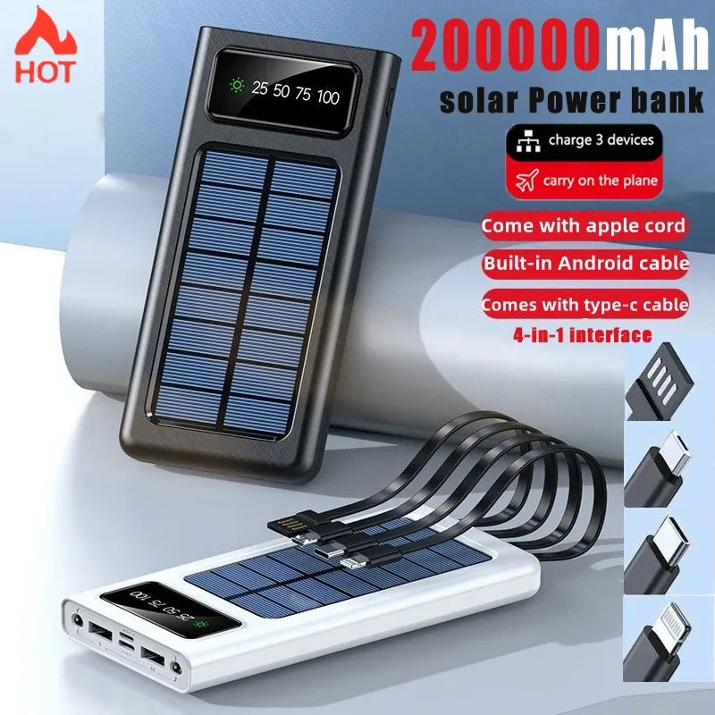 

Solar Power Bank 200000mAh Ultra-Large Capacity Power Bank Comes With Four-Wire Power Bank Suitable For Samsung Apple Huawei