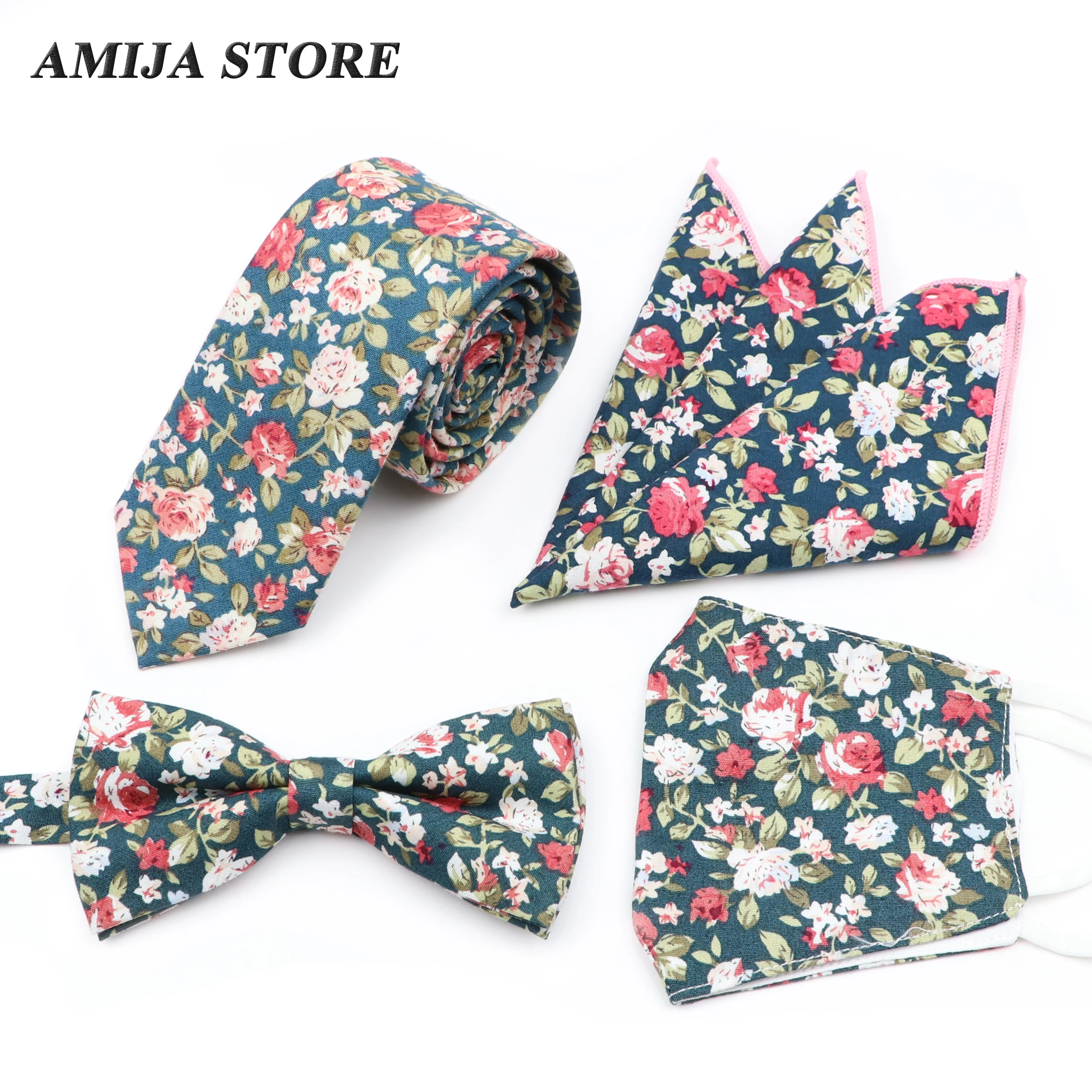 

New Design 100% Cotton Men's Floral Print Tie Set Neckties Mask For Men Wedding Accessories Cravate Narrow Flower Pocket Square