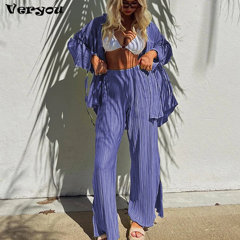 

Женский плиссированный комплект из двух предметов, свободная рубашка с высокой талией и широкие брюки, повседневный элегантный офисный кос...