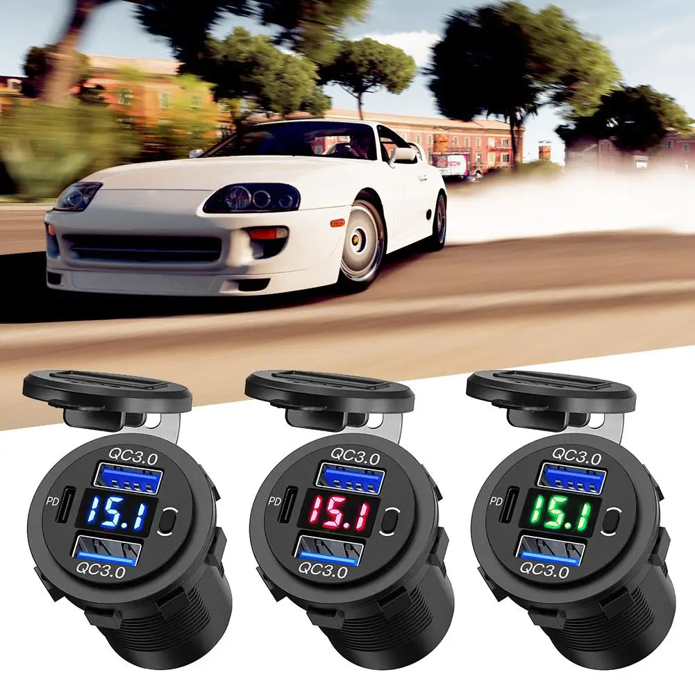 

60W PD Dual QC 3.0 USB Charger With Digital Voltmeter Switch 12V Socket Outlet Waterproof Adapter Power 24V Truck Motorcycl R7P0