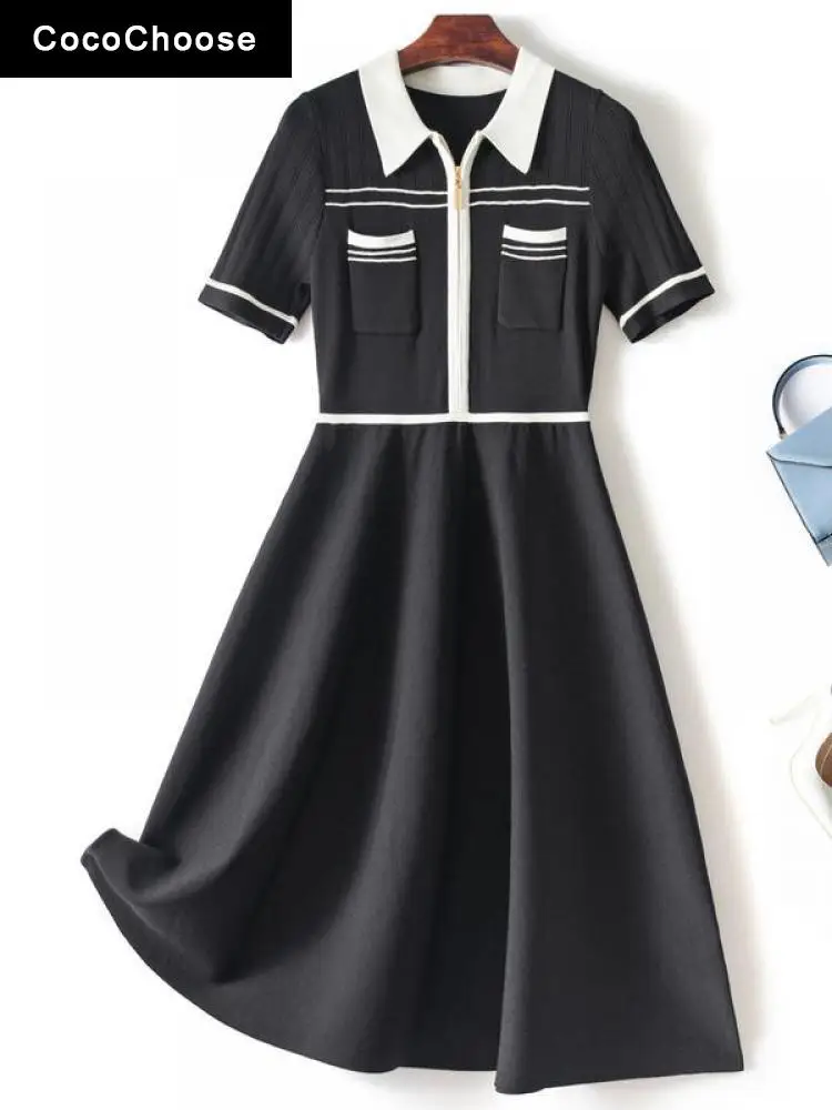 Elegant Mini Black Knitted Dresses Women 2022 Summer Fashion Designer Zipper Shirt Collar Slim Waist Short Sleeve Dresses