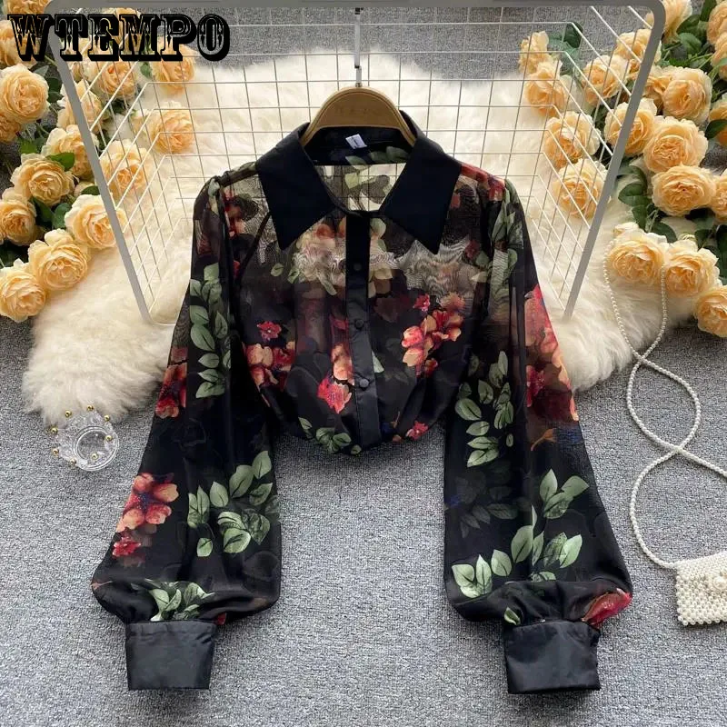 Женская шифоновая блузка с длинным рукавом цветочным принтом - купить по