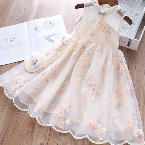 Платья для девочек, лето 2023, детское платье с вышивкой и принтом, платье принцессы, Детская сетчатая юбка без рукавов