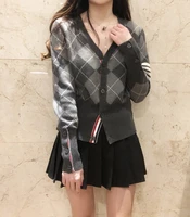 tb diamond plaid soft waxy wool knitted cardigan women v neck casual loose short high waist sweater coat spring and autumn