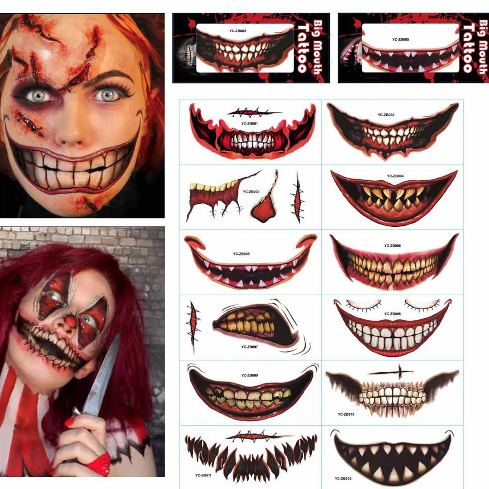 

Halloween Temporary Tattoos Kit 12 Sheets Horror Clown Mouth Stickers Halloween Face Makeup Realistic Scar Wound Sticker