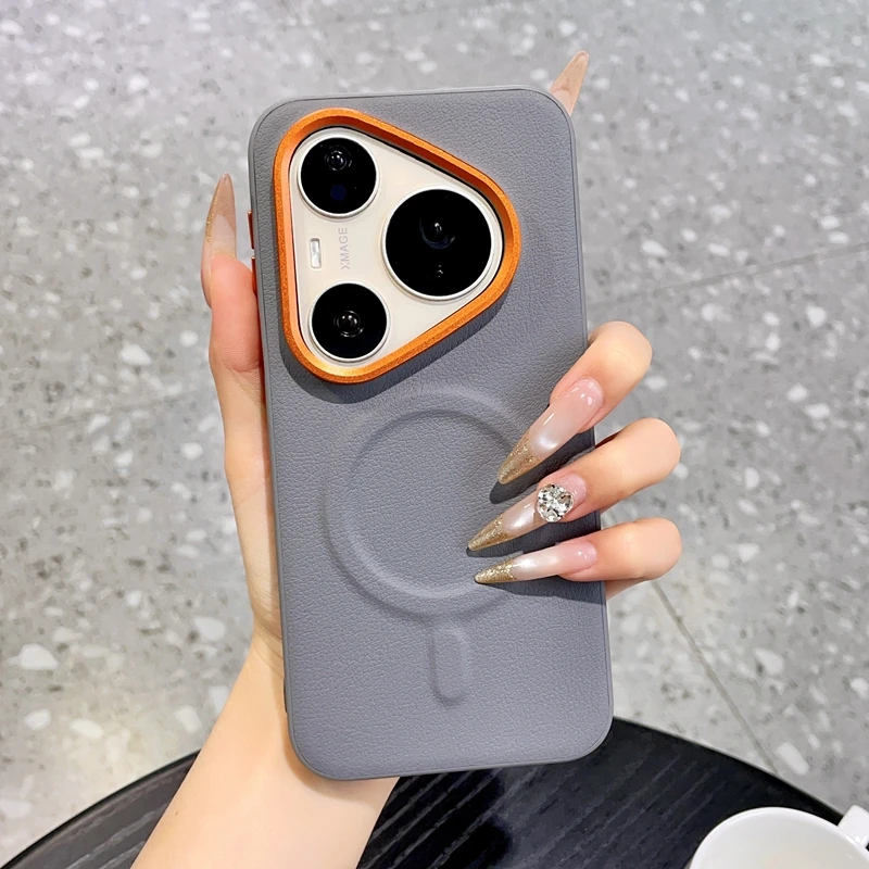 Фото Для HuaWei Pura 80 Ultra 90 Pro чехол для телефона из веганской кожи с магнитной беспроводной зарядкой, защитный корпус из поликарбоната, однотонная задняя крышка. №3