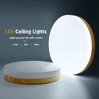 Wooden Frame LED Ceiling Lights with RC Dimmable Round Surface Mounted Interior Lamps for Kitchen Bedroom Warm White Cold White