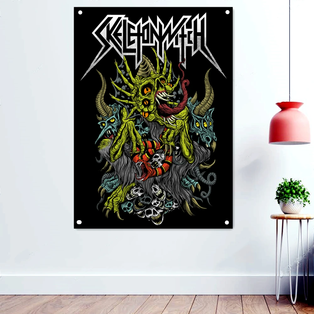 

Skeleton Witch Art Banners Wallpaper Scary Dark Art Flags Wall Hanging Cloth Rock Band Death Metal Music Posters Wall Decoration