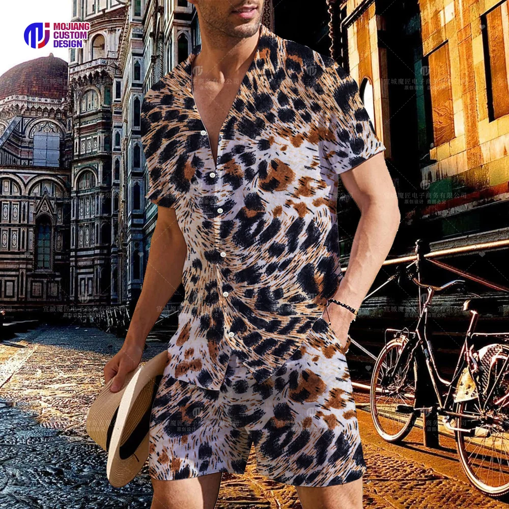 2023 Summer Men's Leopard Print Colorful 3D Lapel Shirt Button Short Sleeve + Shorts Set Men's Sports Hip Hop Set 2 Pieces