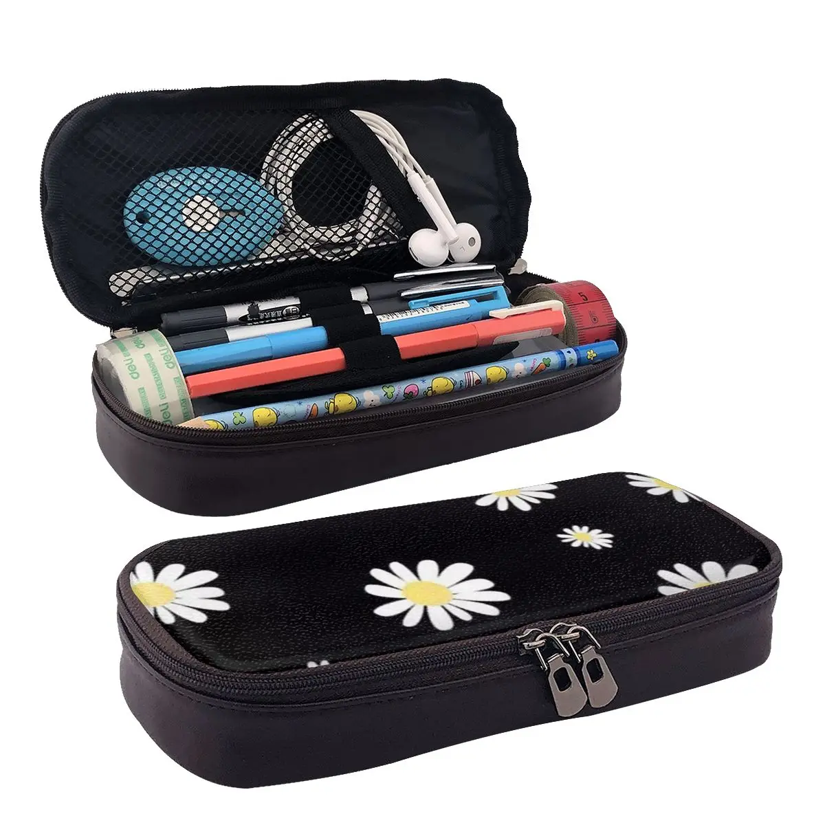 

White Daisy Leather Pencil Case Zipper Pencil Box Stationery Pen Pouch for Boys Girls School Students Work Office