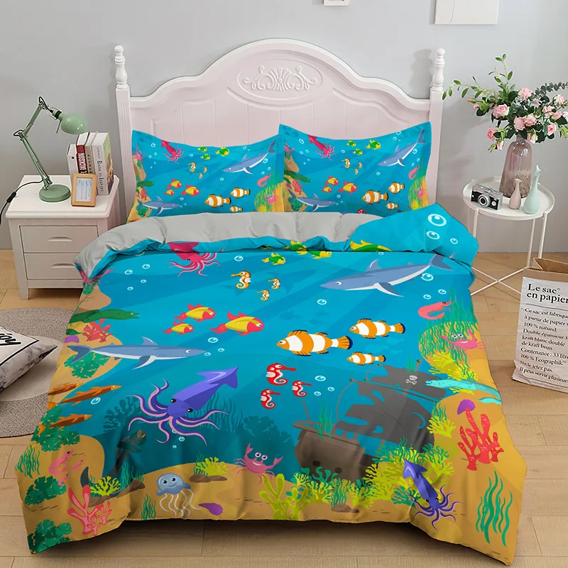 

Blue Underwater World King Queen Duvet Cover Cartoon Ocean Fishes Bedding Set The Marine Life Coral 2/3pcs Polyester