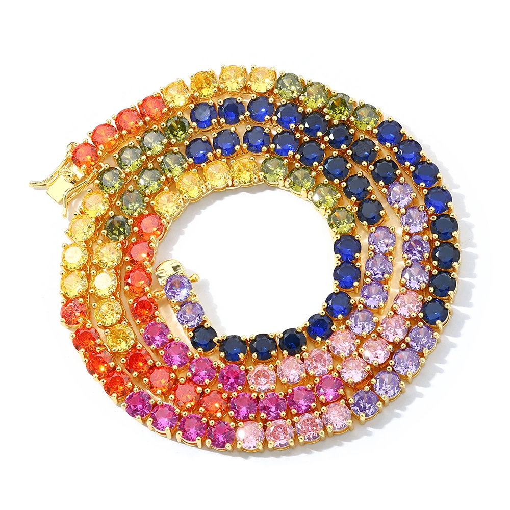 Фото Новый 5 мм Iced Out Bling Радуга красочный кубический цирконий CZ теннисная цепочка для женщин и мужчин очаровательное колье-колье ювелирные изделия подарок №2
