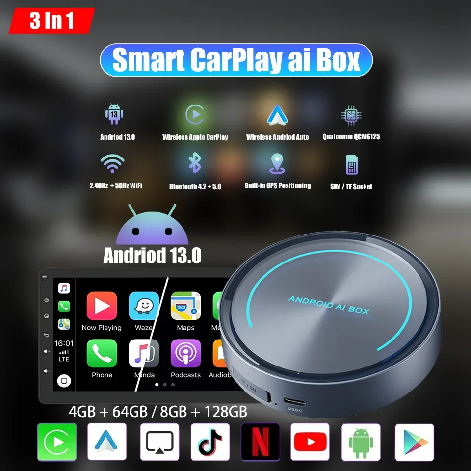 2024 Новый CarPlay ai Box Android13 Smart TV Android Auto Apple 3в1 Смарт-адаптер Встроенный Netflix YouTube Play Store