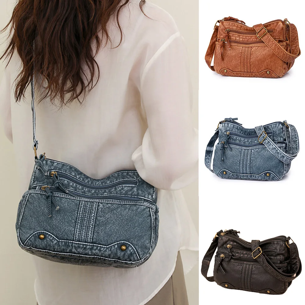 

Женская джинсовая сумка-тоут, сумки из промытой кожи, многослойная Сумка через плечо, плиссированная сумка-мессенджер