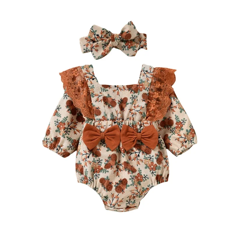 

Newborn Baby Girl Floral Romper Corduroy Lace Long Sleeve Bow Jumpsuit Bodysuit Fall Winter Clothes
