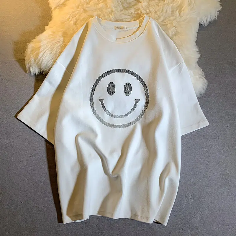 

Футболка женская хлопковая свободного покроя с коротким рукавом и принтом улыбки