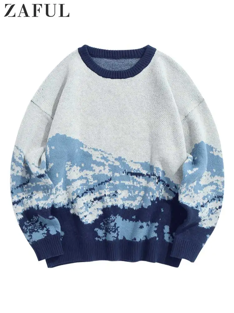 

ZAFUL Sweater for Men Mountain Pattern Sweaters Round Neck Streetwear Long Sleeves Pullover Fall Winter Unisex Warm Tops NEW