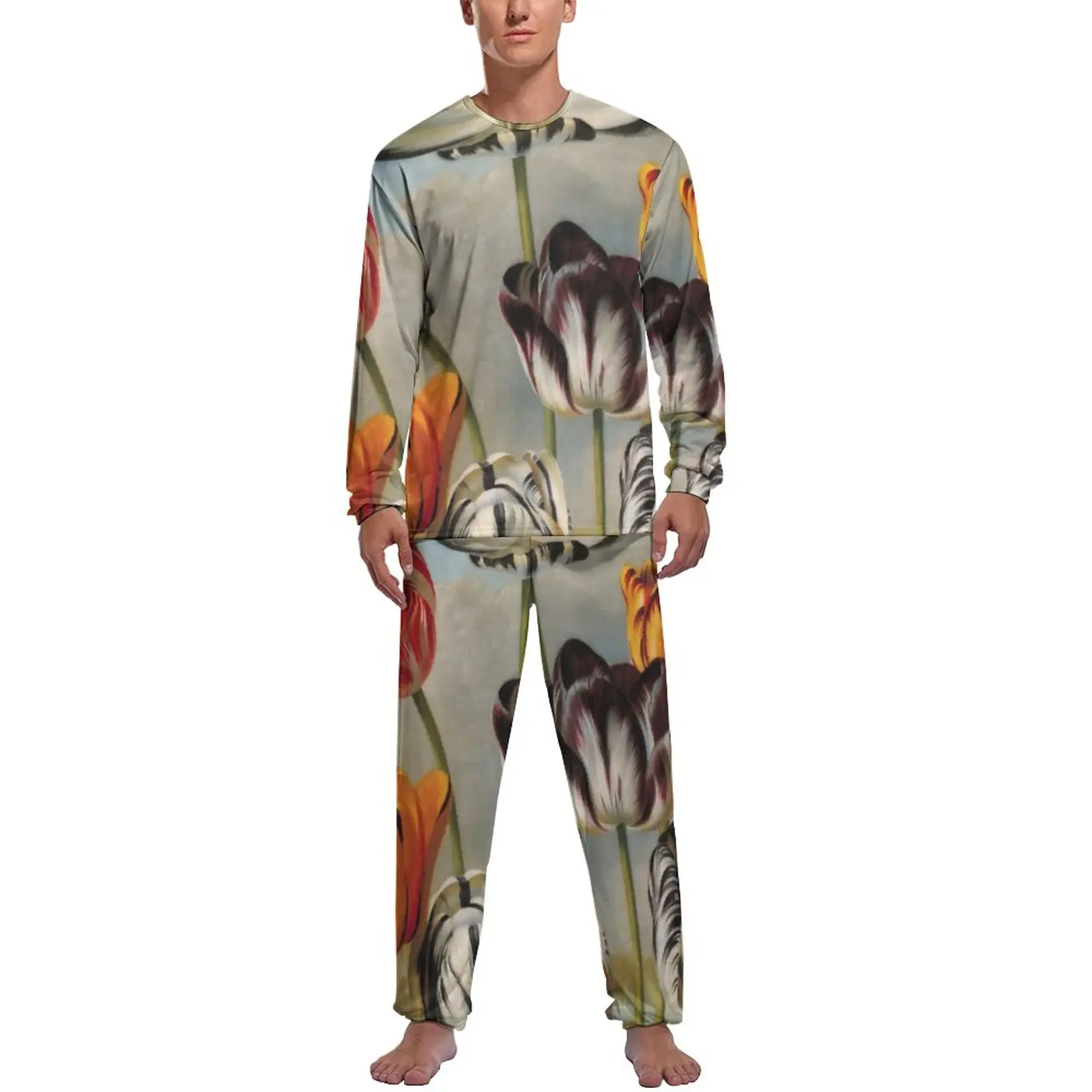 Flower in A Landscape Pajamas Autumn 2 Pieces Vintage Variegated Cute Pajama Sets Man Long Sleeves Home Graphic Home Suit