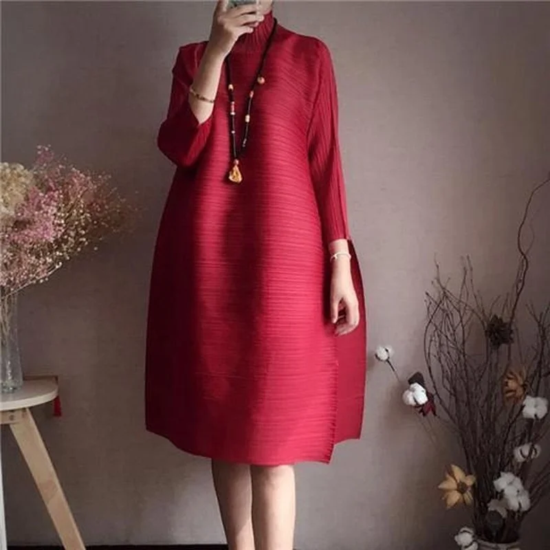 

2021 spring and autumn new loose mid-sleeve pleated half-high collar dress ladies mid-length a-line solid color dress