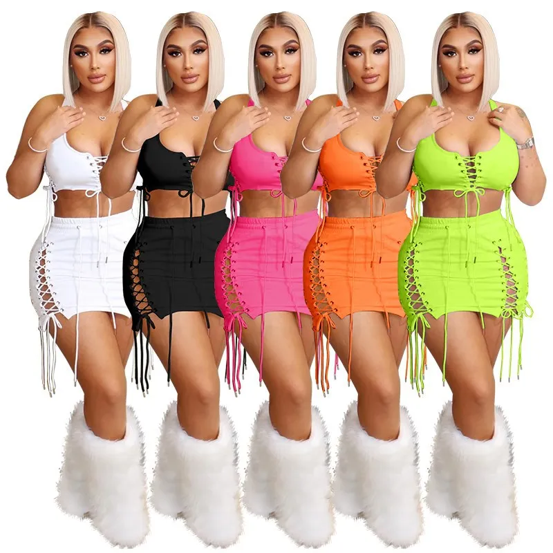 

Street Fashion Two Piece Set Summer Casual Women Sexy Hollow Out Sleeveless Elastic Waist Eyelet Bandage Skirt Party Outifits