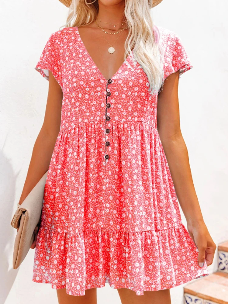 

Summer Dress Women Korean Style Floral Print Mini Dress Female Sweet Pink Casual Button V Neck A Line Ruffle Trim Dress 2022
