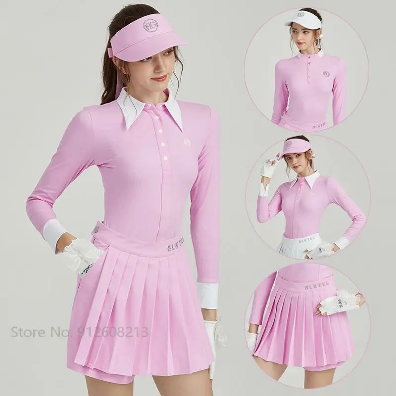 

Blktee Autumn Ladies Long-Sleeve Golf Shirt Slim Elegant Tops Sport Anti-empty Golf Skirt High Waist Pleated Skort Suit S-XXL