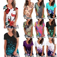 womens summer new loose short sleeve pullover floral print v neck women t shirt casual office tops lady