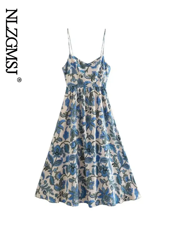 

Nlzgmsj Women Fashion Front Buttons Paisley Print Midi Dress Vintage Backless Adjustable Straps Female Dresses Vestidos Mujer