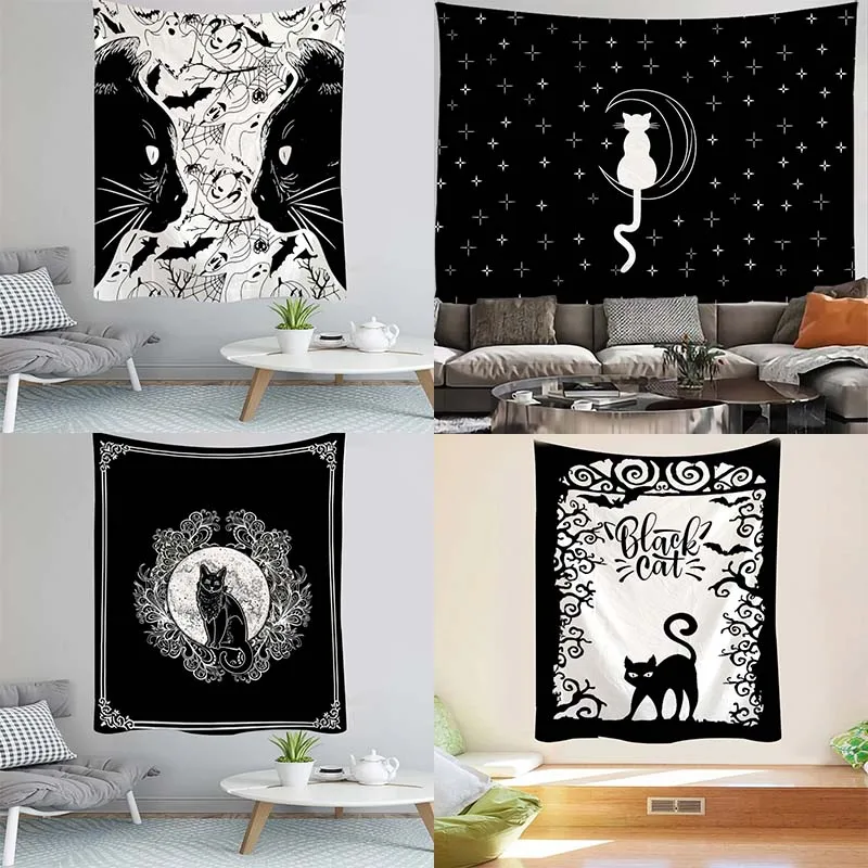 Черно-белая подвесная ткань с мультяшным котом гобелен для офиса гостиной