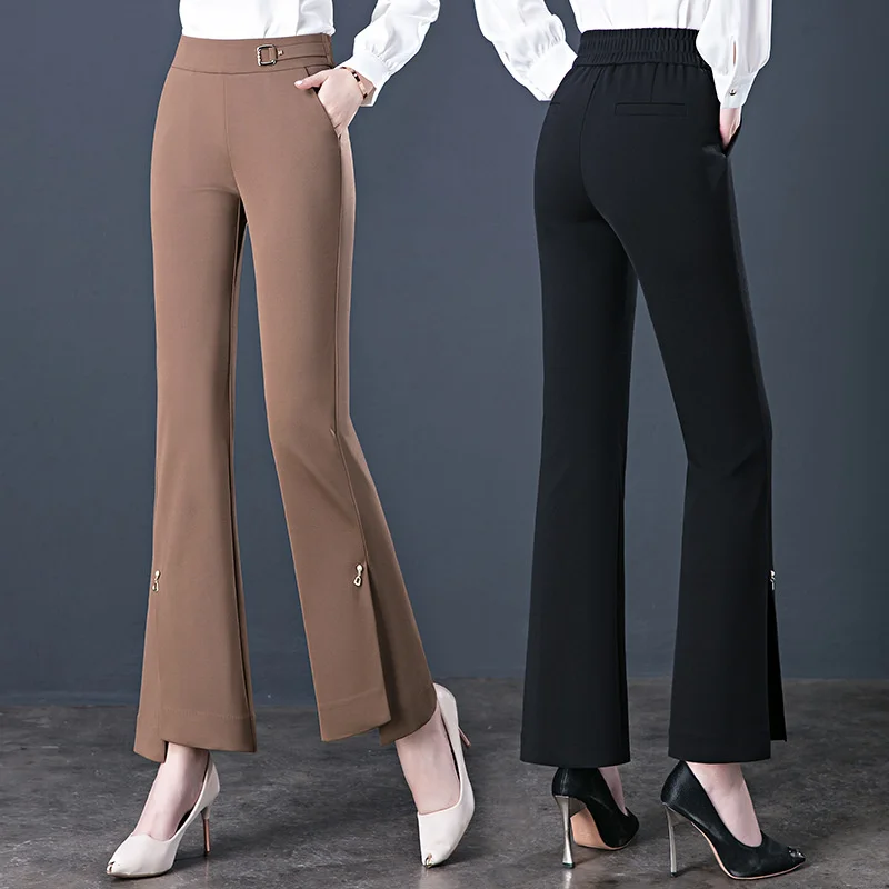 2023 Spring Autumn Women's Trousers New Elastic High Waist Split Flared Pants Black Camel Middle-aged Female Casual Long Pants