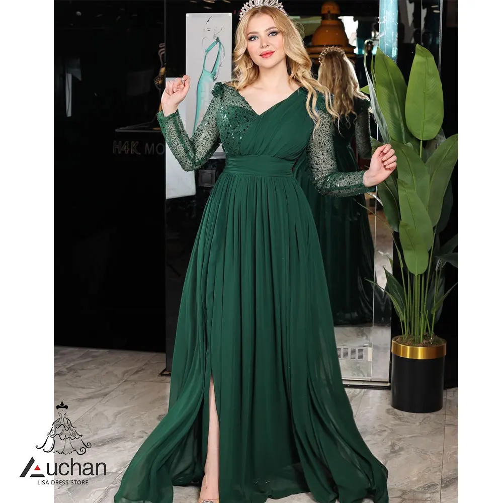 

Auchan Dubai V-Neck Prom Dress Evening Dress Long Sleeves Floor Length Elegant Wedding Party Formal Gowns For Women Arabic