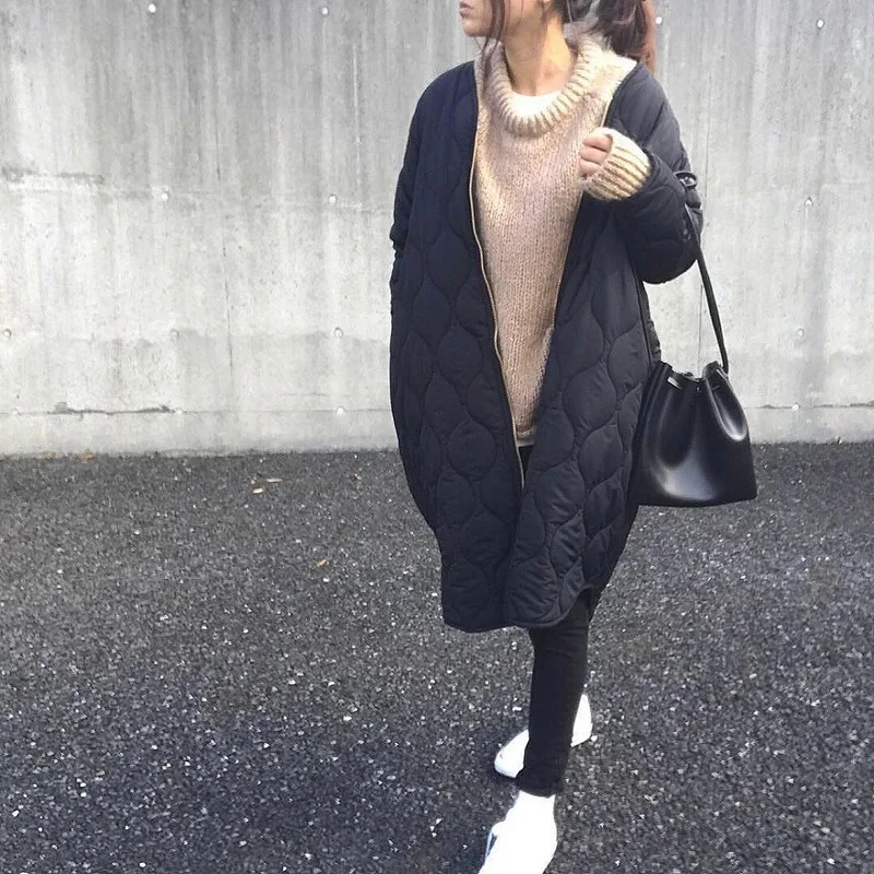 Winter Cotton Jacket Office Ladies Korean Warm Solid Color Zipper Retro Long Parka Coat Winter Coat Ladies