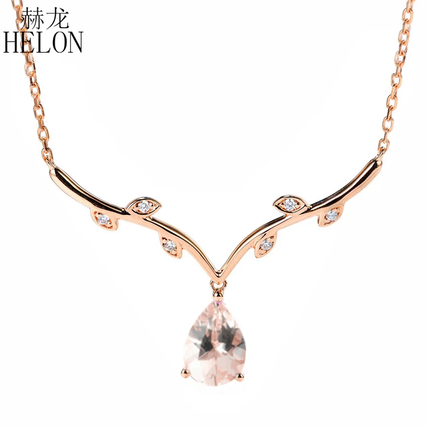 

HELON Solid 18K 14K Rose Gold Antlers Shape Genuine Natural Morganite Diamonds Necklaces Pear Pendant Women's Chain Luxurious